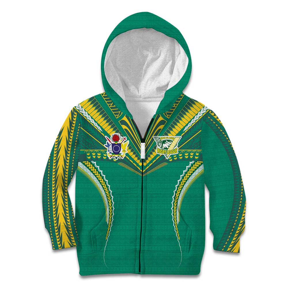 Custom Cook Islands Rugby Kid Hoodie Tatau Art Sport Style Green Color LT03 Zip Hoodie Green - Polynesian Pride