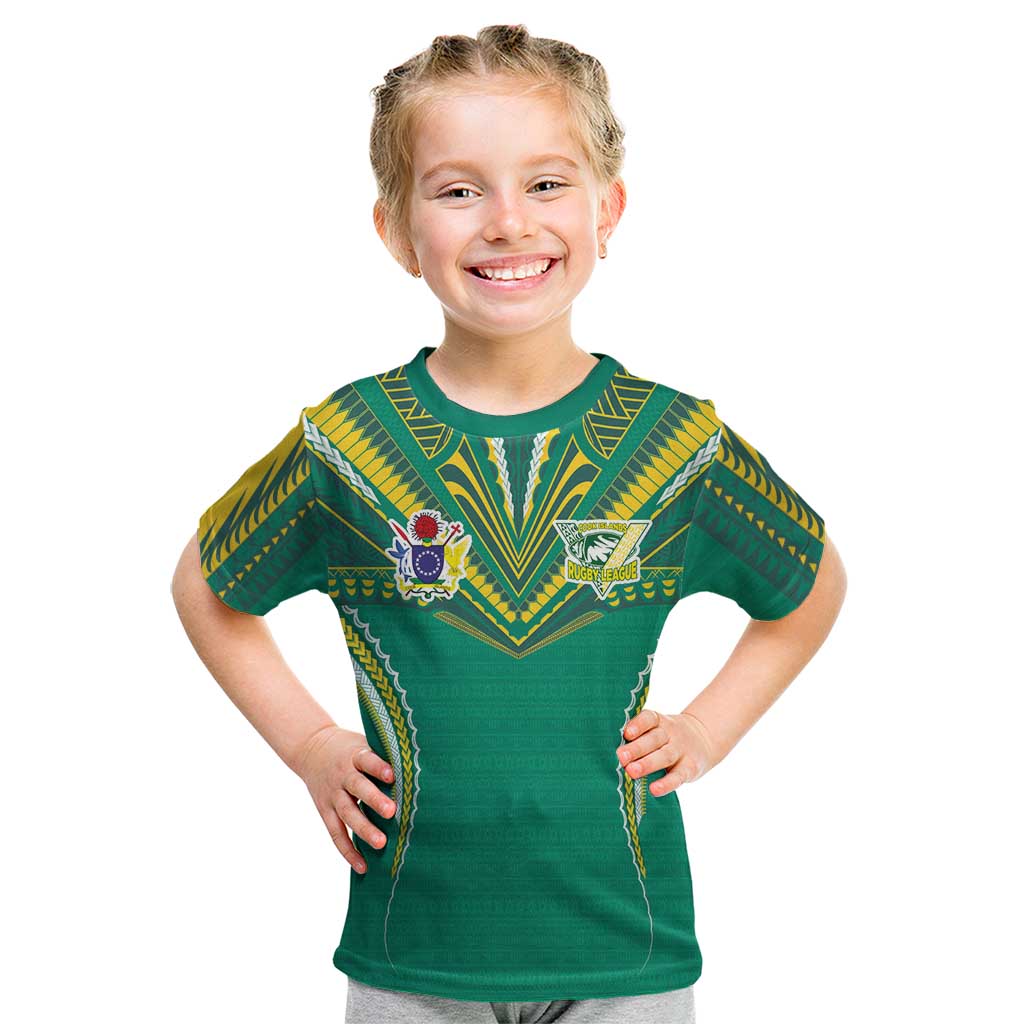 Custom Cook Islands Rugby Kid T Shirt Tatau Art Sport Style Green Color
