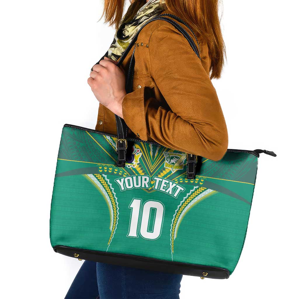 Custom Cook Islands Rugby Leather Tote Bag Tatau Art Sport Style Green Color LT03 Green - Polynesian Pride