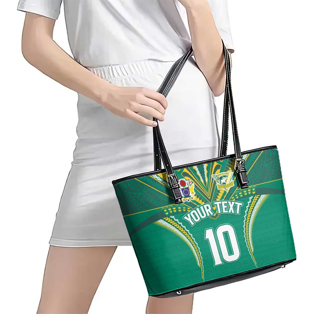 Custom Cook Islands Rugby Leather Tote Bag Tatau Art Sport Style Green Color LT03 - Polynesian Pride