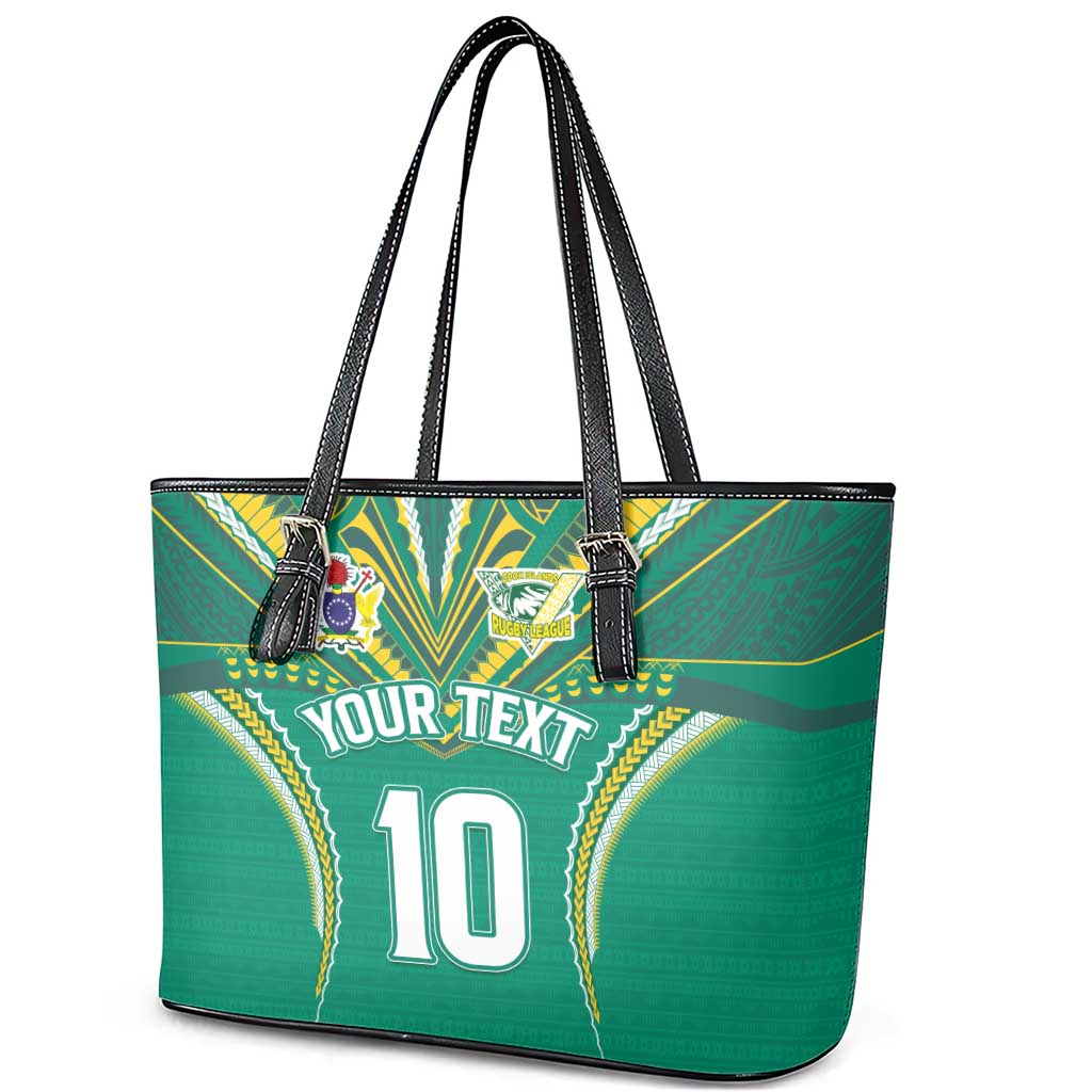 Custom Cook Islands Rugby Leather Tote Bag Tatau Art Sport Style Green Color LT03 - Polynesian Pride