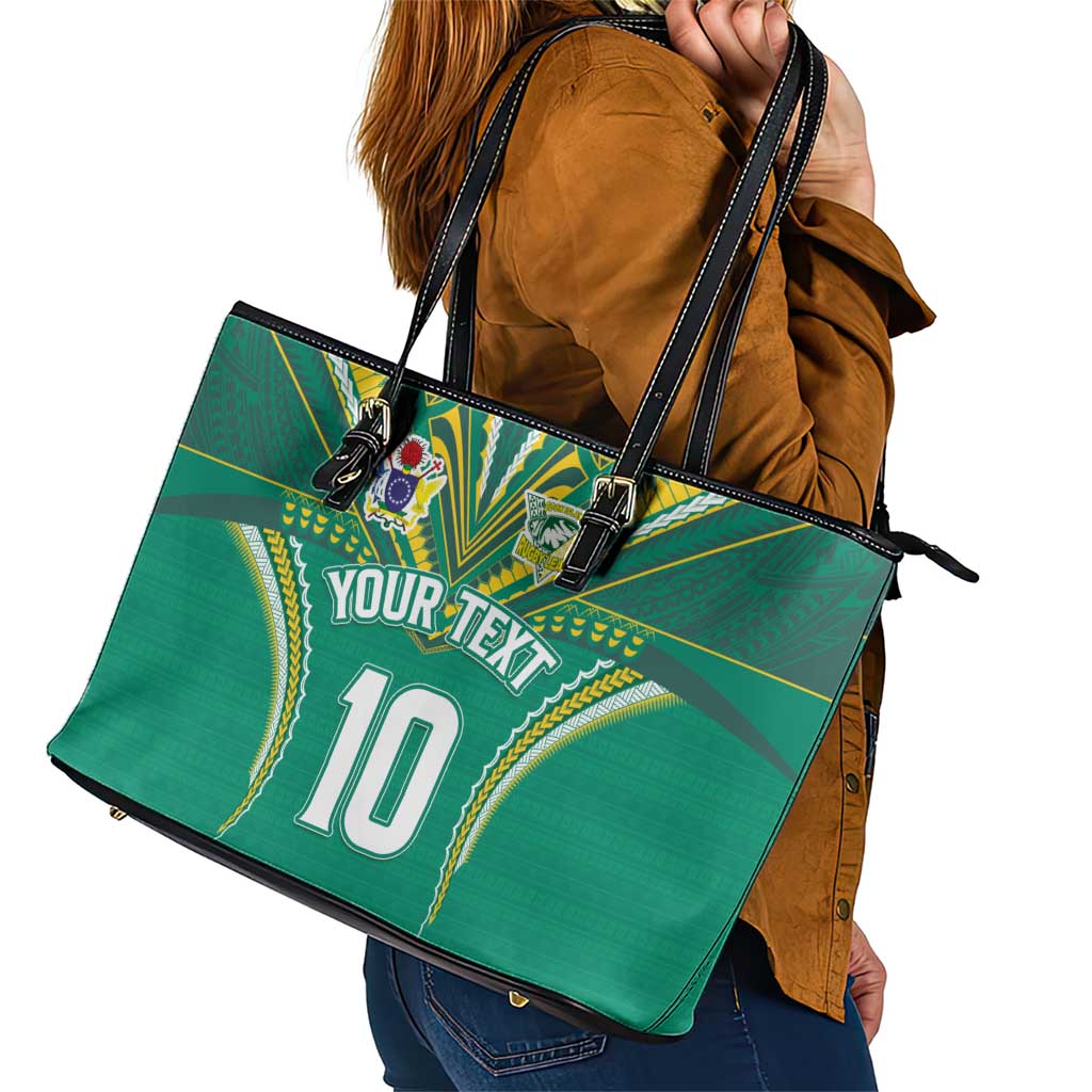 Custom Cook Islands Rugby Leather Tote Bag Tatau Art Sport Style Green Color LT03 - Polynesian Pride