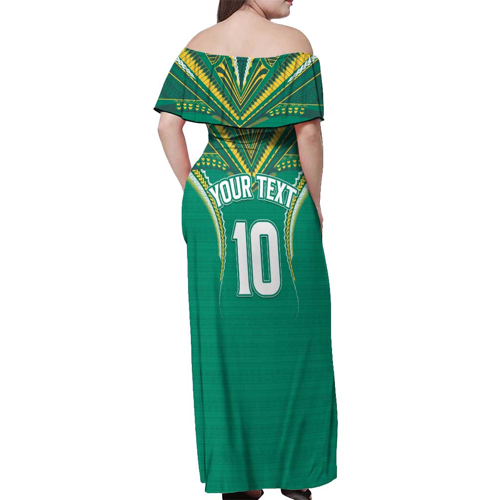Custom Cook Islands Rugby Off Shoulder Maxi Dress Tatau Art Sport Style Green Color