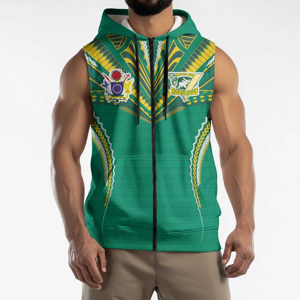 Custom Cook Islands Rugby Sleeveless Zip Hoodie Tatau Art Sport Style Green Color