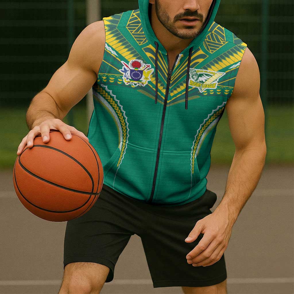 Custom Cook Islands Rugby Sleeveless Zip Hoodie Tatau Art Sport Style Green Color