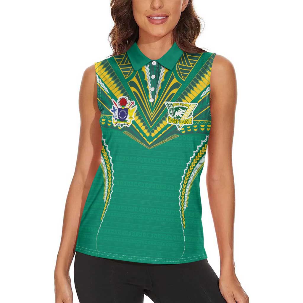 Custom Cook Islands Rugby Women Sleeveless Polo Shirt Tatau Art Sport Style Green Color