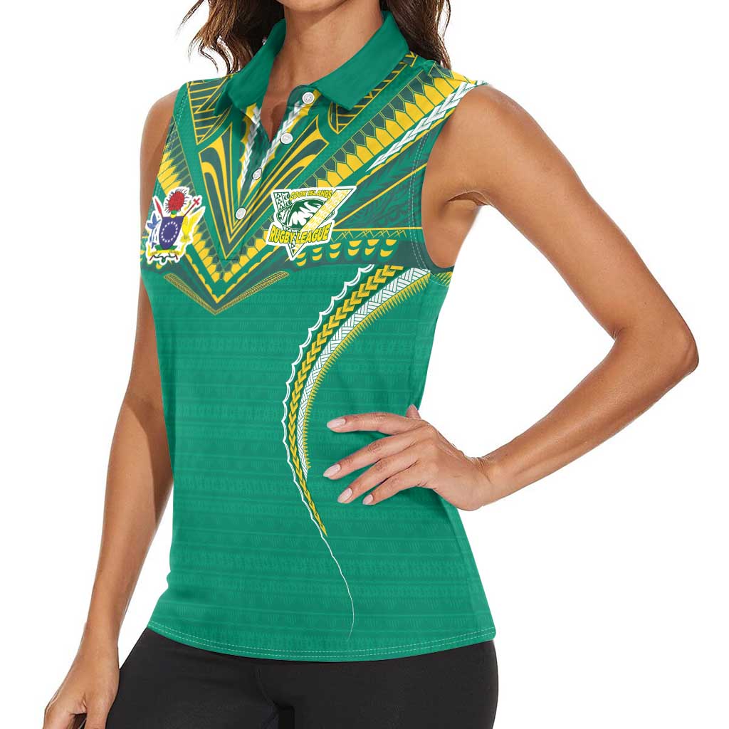 Custom Cook Islands Rugby Women Sleeveless Polo Shirt Tatau Art Sport Style Green Color
