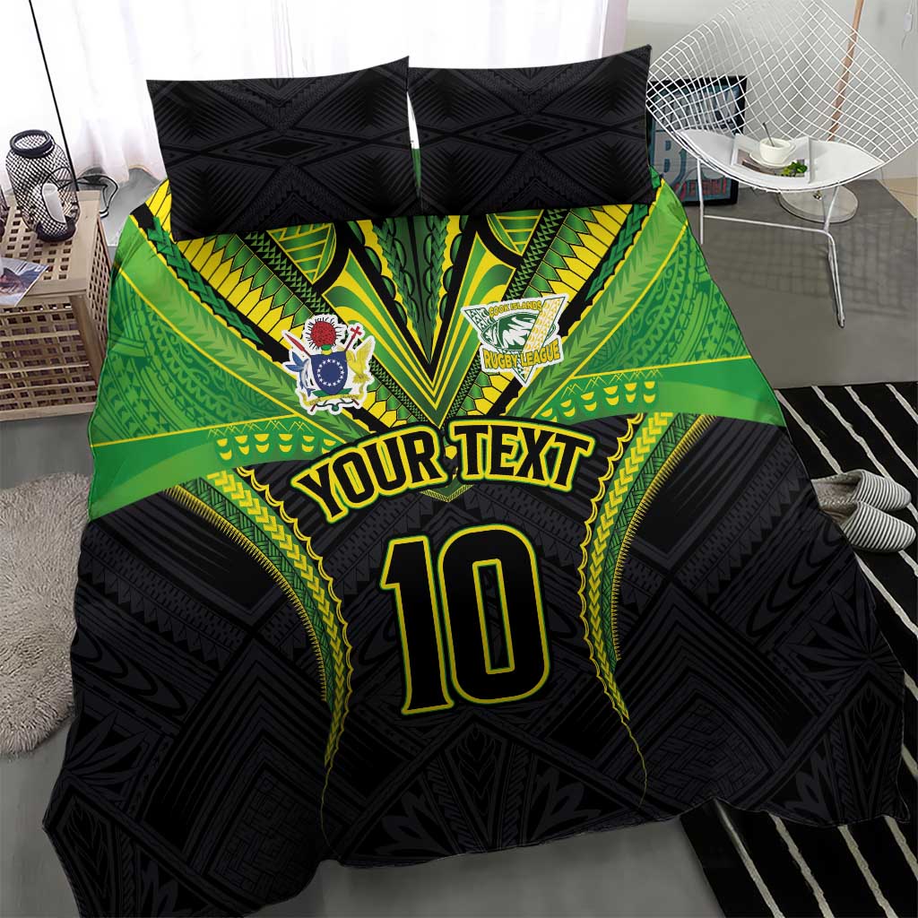 Custom Cook Islands Rugby Bedding Set Tatau Art Sport Style Black Color