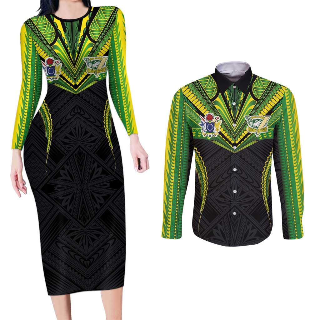 Custom Cook Islands Rugby Couples Matching Long Sleeve Bodycon Dress and Long Sleeve Button Shirt Tatau Art Sport Style Black Color