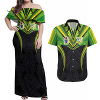 Custom Cook Islands Rugby Couples Matching Off Shoulder Maxi Dress and Hawaiian Shirt Tatau Art Sport Style Black Color