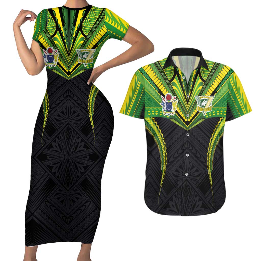Custom Cook Islands Rugby Couples Matching Short Sleeve Bodycon Dress and Hawaiian Shirt Tatau Art Sport Style Black Color