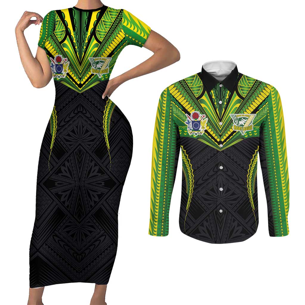Custom Cook Islands Rugby Couples Matching Short Sleeve Bodycon Dress and Long Sleeve Button Shirt Tatau Art Sport Style Black Color
