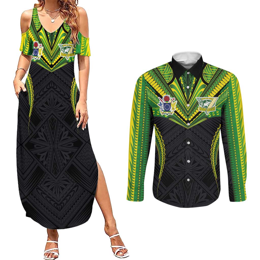 Custom Cook Islands Rugby Couples Matching Summer Maxi Dress and Long Sleeve Button Shirt Tatau Art Sport Style Black Color