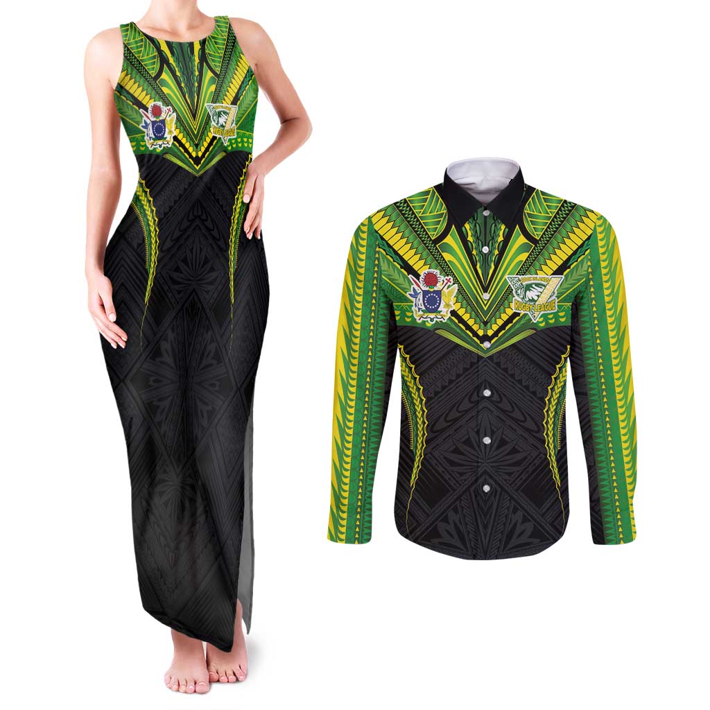 Custom Cook Islands Rugby Couples Matching Tank Maxi Dress and Long Sleeve Button Shirt Tatau Art Sport Style Black Color LT03 Black - Polynesian Pride