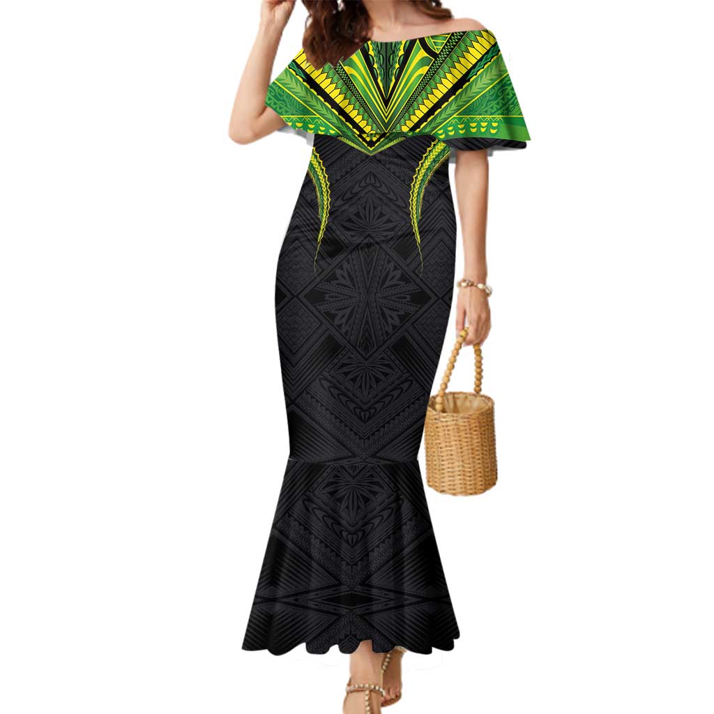 Custom Cook Islands Rugby Family Matching Mermaid Dress and Hawaiian Shirt Tatau Art Sport Style Black Color