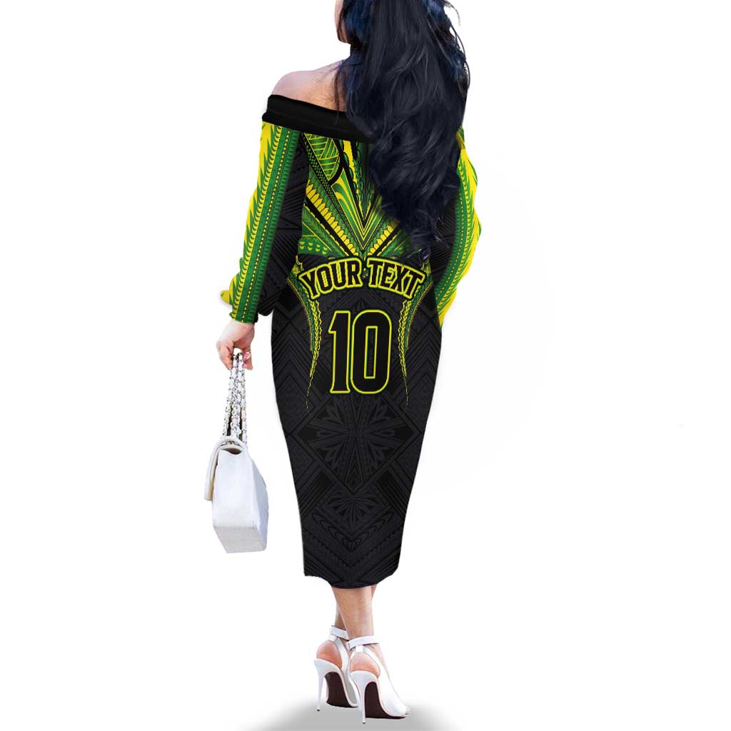 Custom Cook Islands Rugby Family Matching Off The Shoulder Long Sleeve Dress and Hawaiian Shirt Tatau Art Sport Style Black Color