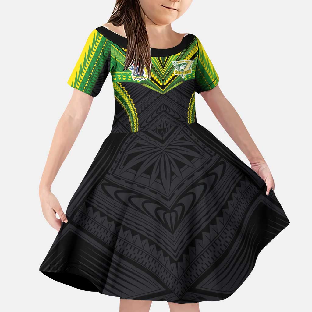 Custom Cook Islands Rugby Family Matching Off Shoulder Short Dress and Hawaiian Shirt Tatau Art Sport Style Black Color