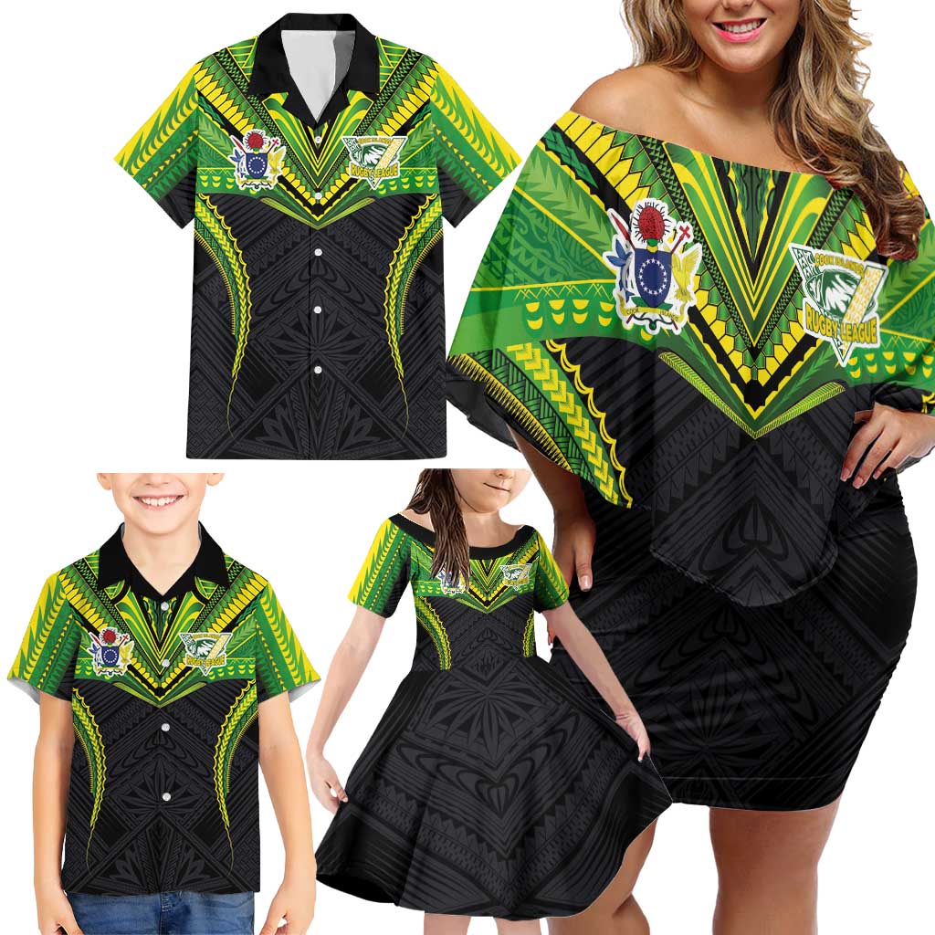 Custom Cook Islands Rugby Family Matching Off Shoulder Short Dress and Hawaiian Shirt Tatau Art Sport Style Black Color