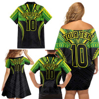 Custom Cook Islands Rugby Family Matching Off Shoulder Short Dress and Hawaiian Shirt Tatau Art Sport Style Black Color
