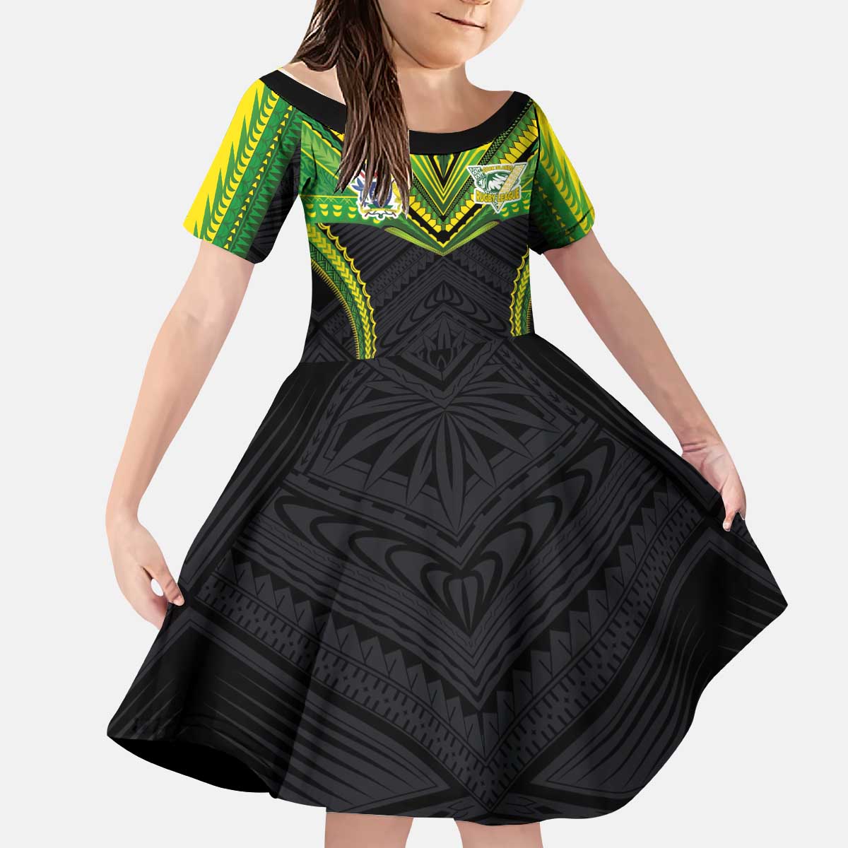Custom Cook Islands Rugby Kid Short Sleeve Dress Tatau Art Sport Style Black Color