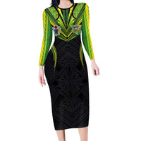 Custom Cook Islands Rugby Long Sleeve Bodycon Dress Tatau Art Sport Style Black Color