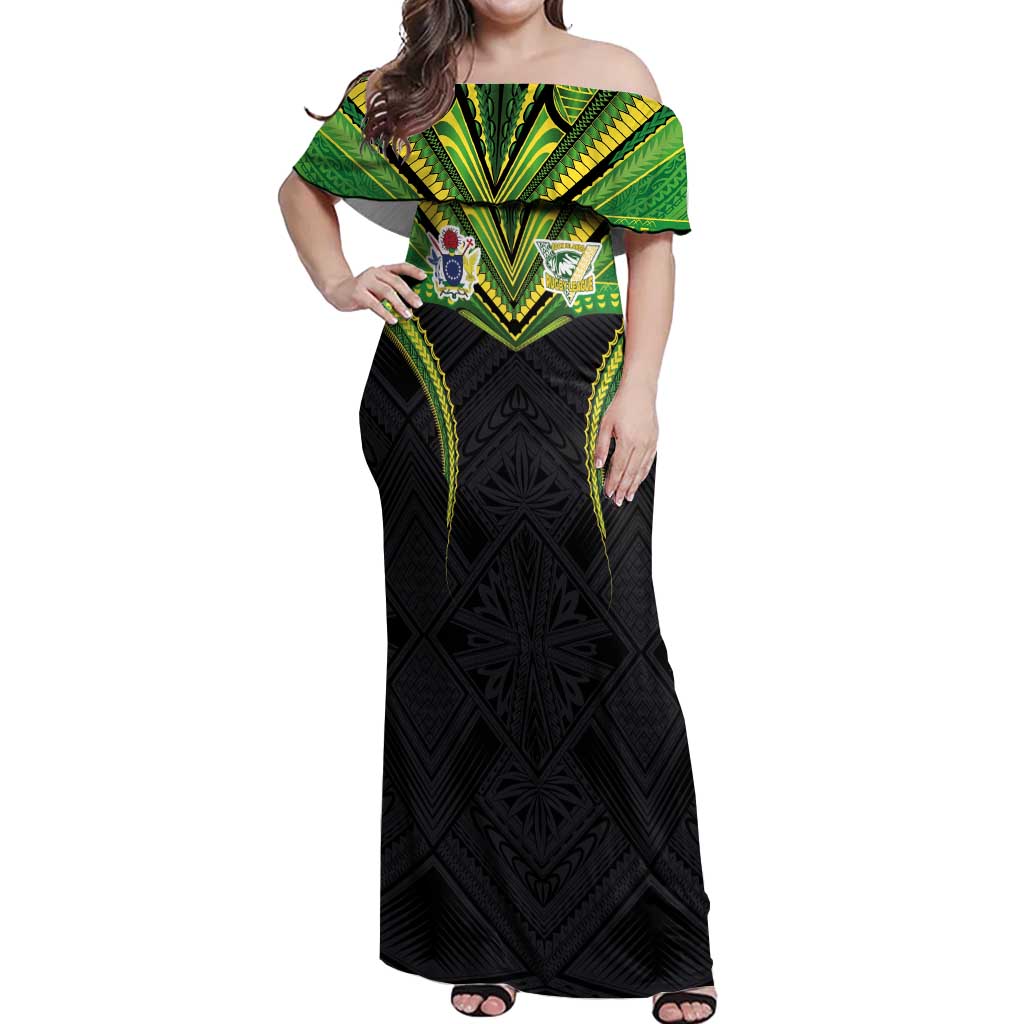 Custom Cook Islands Rugby Off Shoulder Maxi Dress Tatau Art Sport Style Black Color