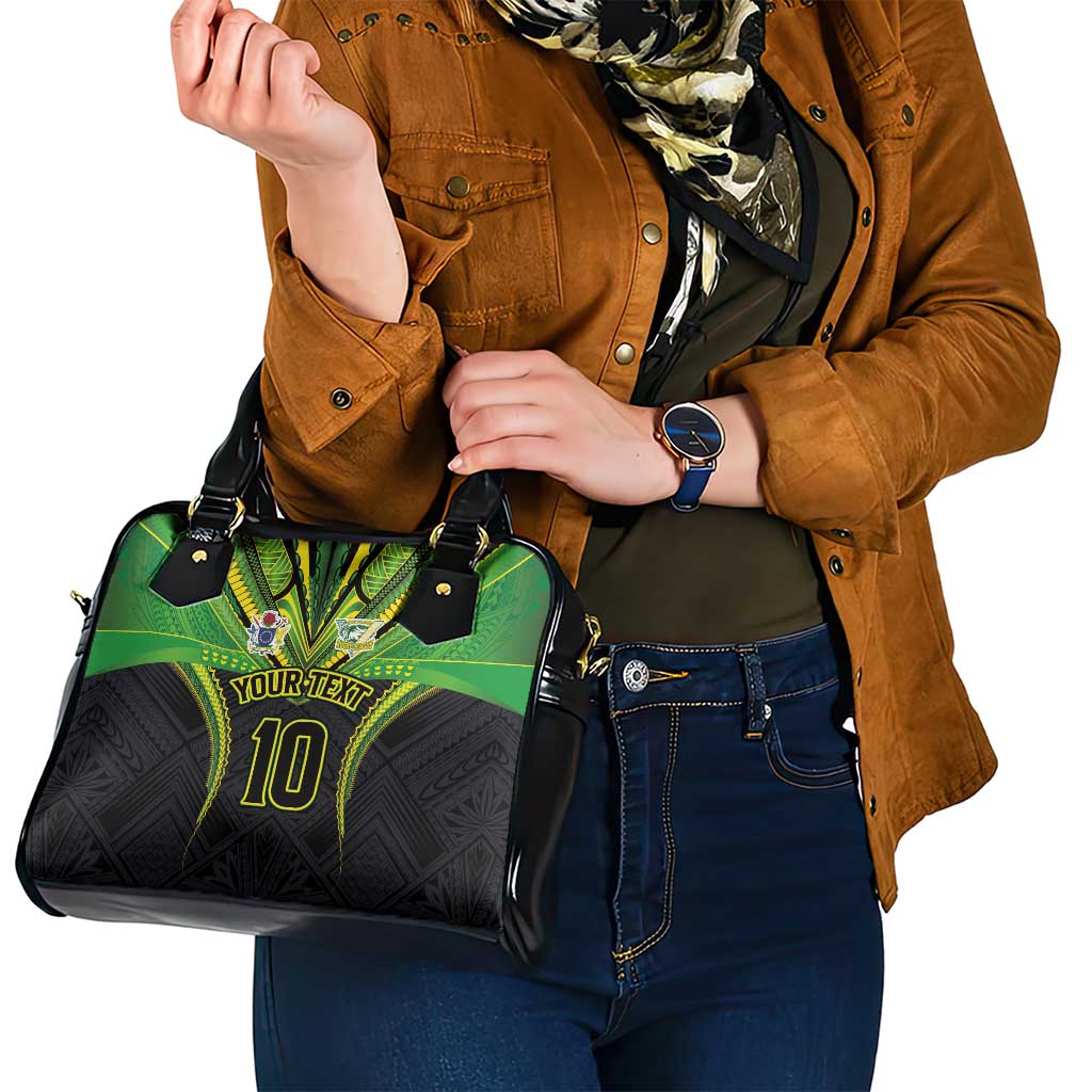 Custom Cook Islands Rugby Shoulder Handbag Tatau Art Sport Style Black Color