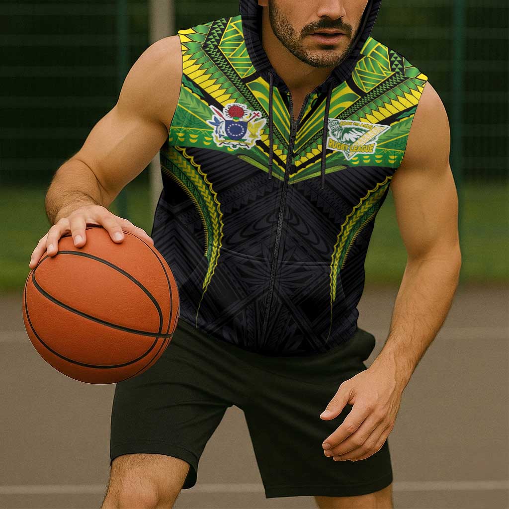 Custom Cook Islands Rugby Sleeveless Zip Hoodie Tatau Art Sport Style Black Color