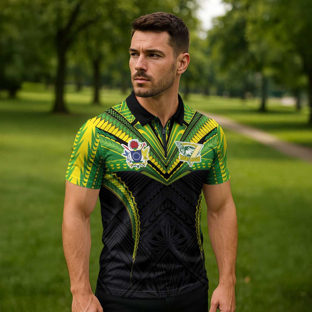 Custom Cook Islands Rugby Zipper Polo Shirt Tatau Art Sport Style Black Color