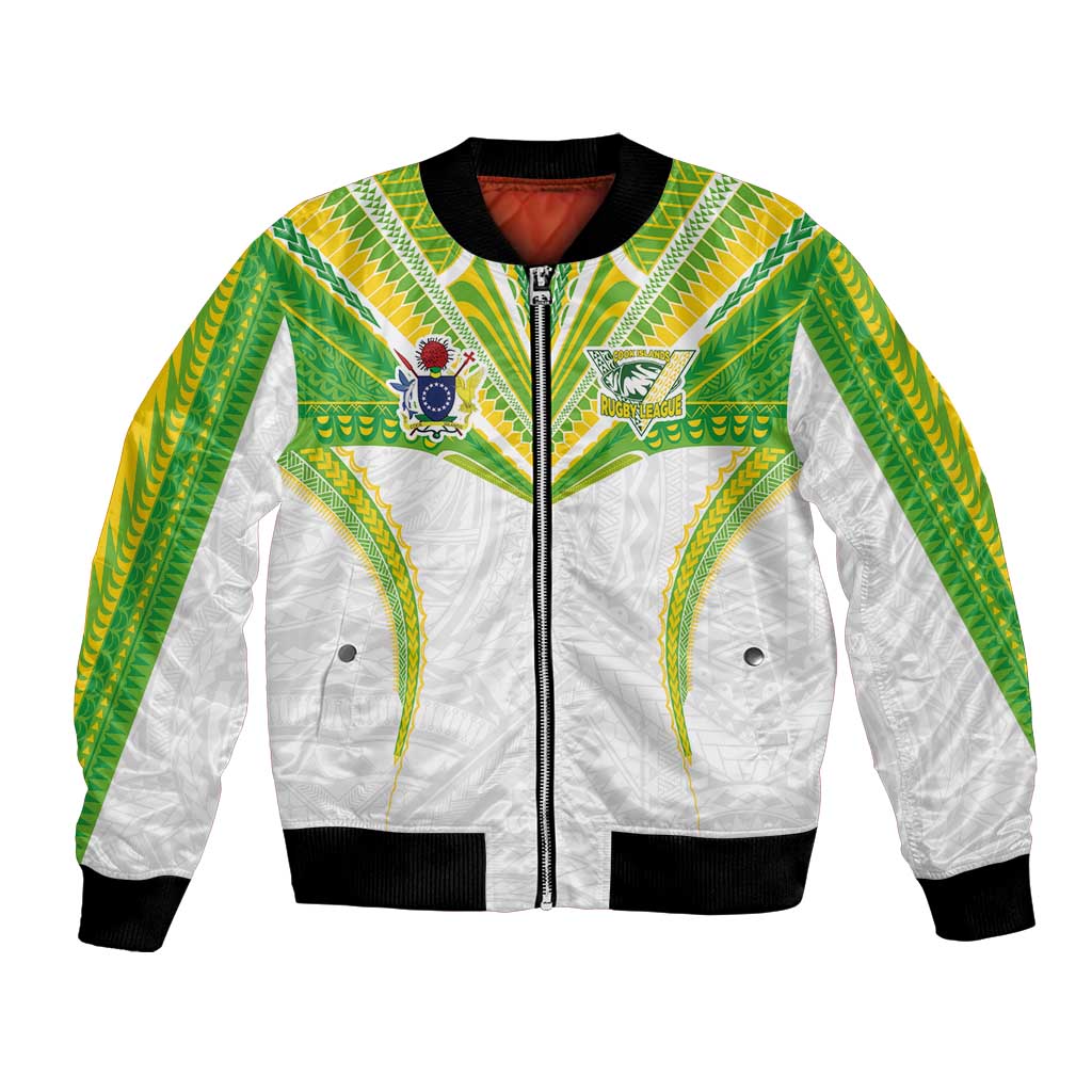 Custom Cook Islands Rugby Bomber Jacket Tatau Art Sport Style White Color LT03 Unisex White - Polynesian Pride