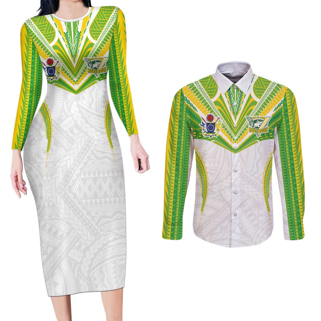Custom Cook Islands Rugby Couples Matching Long Sleeve Bodycon Dress and Long Sleeve Button Shirt Tatau Art Sport Style White Color