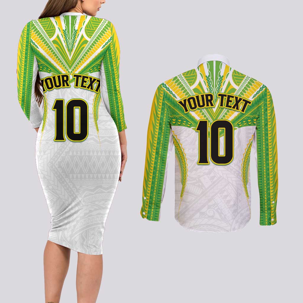 Custom Cook Islands Rugby Couples Matching Long Sleeve Bodycon Dress and Long Sleeve Button Shirt Tatau Art Sport Style White Color