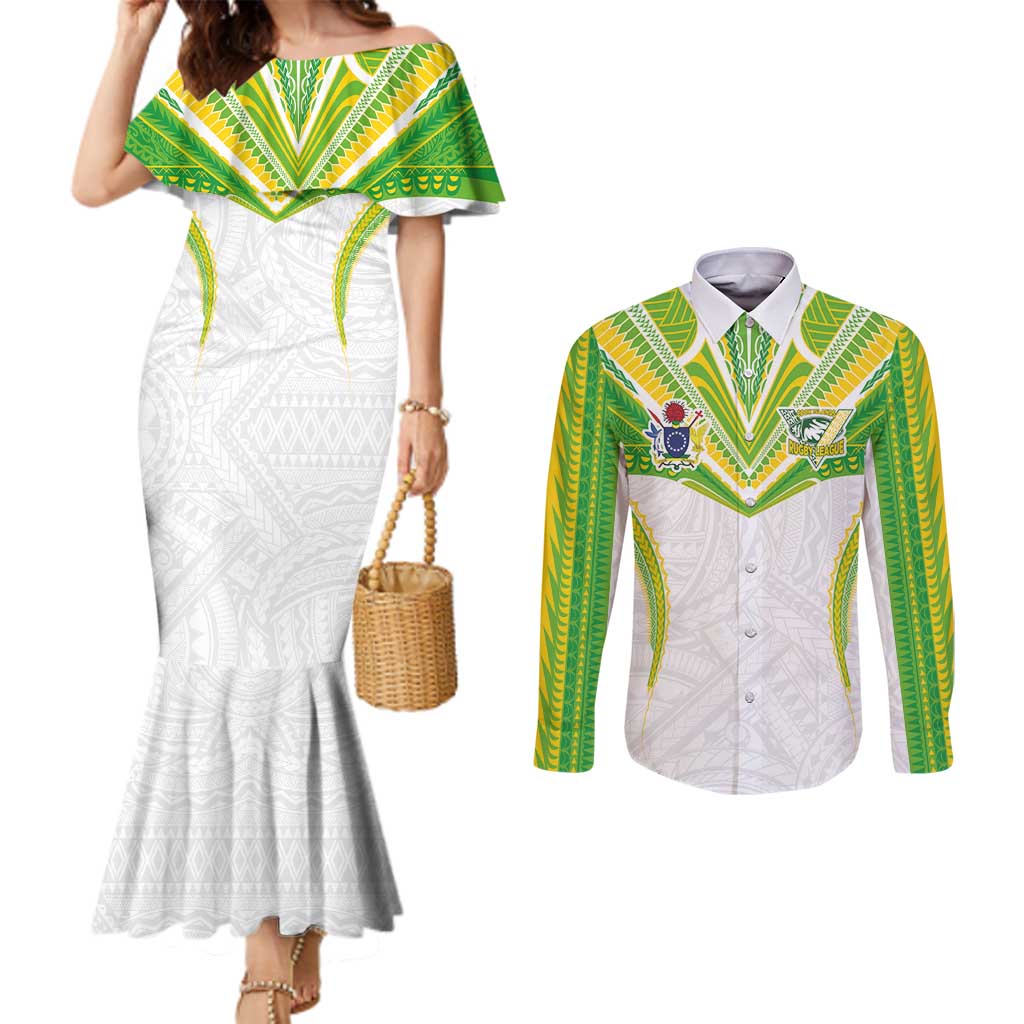 Custom Cook Islands Rugby Couples Matching Mermaid Dress and Long Sleeve Button Shirt Tatau Art Sport Style White Color