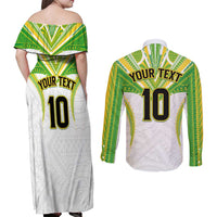 Custom Cook Islands Rugby Couples Matching Off Shoulder Maxi Dress and Long Sleeve Button Shirt Tatau Art Sport Style White Color