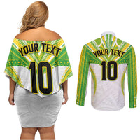 Custom Cook Islands Rugby Couples Matching Off Shoulder Short Dress and Long Sleeve Button Shirt Tatau Art Sport Style White Color