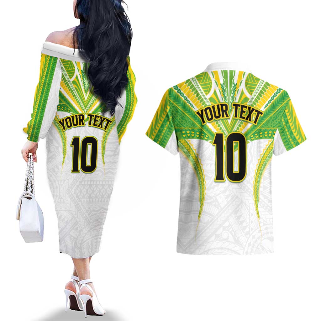 Custom Cook Islands Rugby Couples Matching Off The Shoulder Long Sleeve Dress and Hawaiian Shirt Tatau Art Sport Style White Color