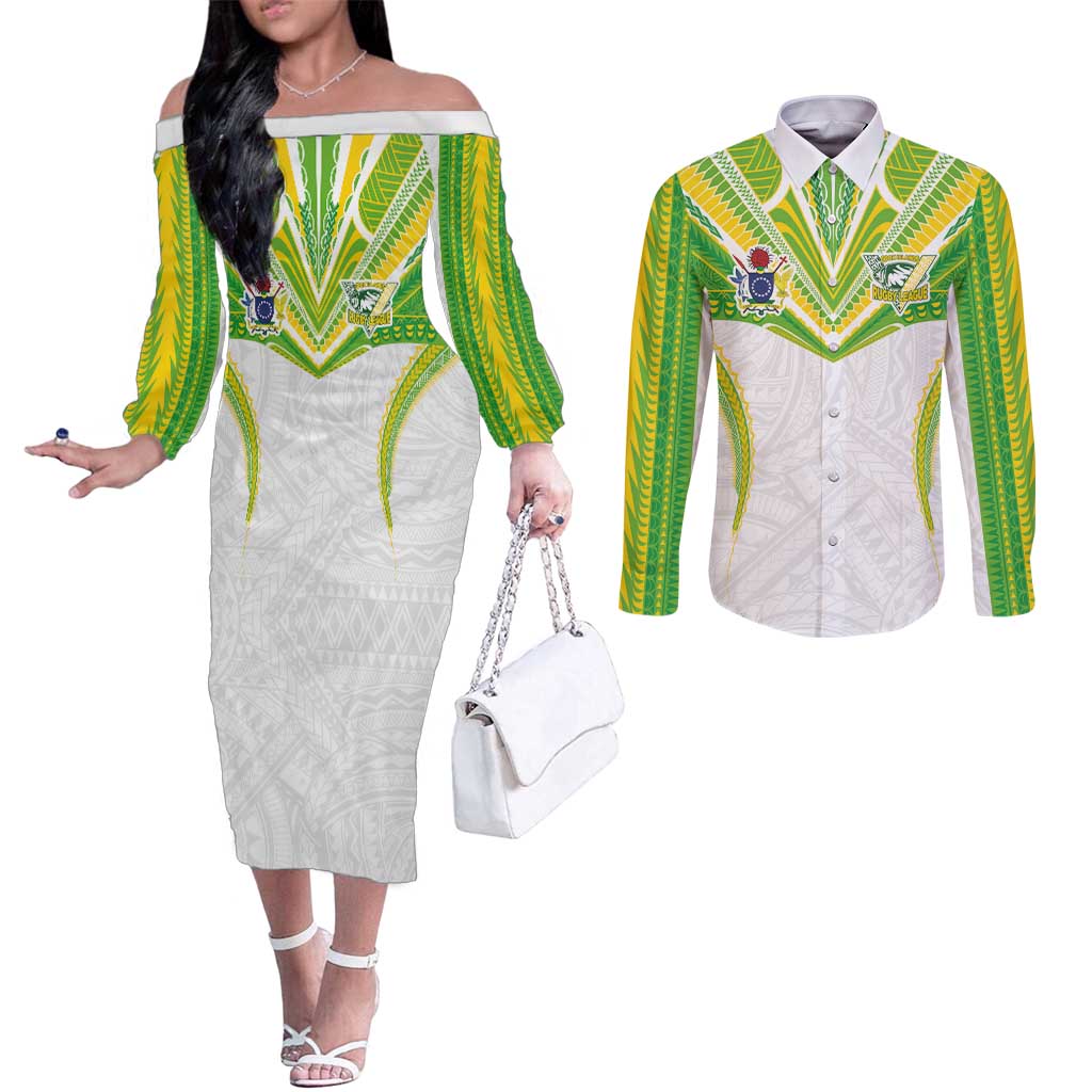 Custom Cook Islands Rugby Couples Matching Off The Shoulder Long Sleeve Dress and Long Sleeve Button Shirt Tatau Art Sport Style White Color