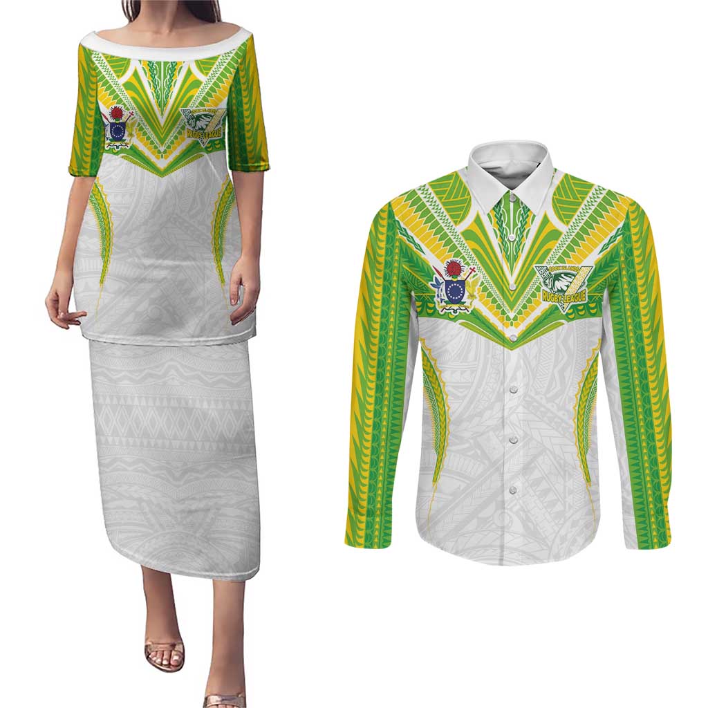 Custom Cook Islands Rugby Couples Matching Puletasi and Long Sleeve Button Shirt Tatau Art Sport Style White Color