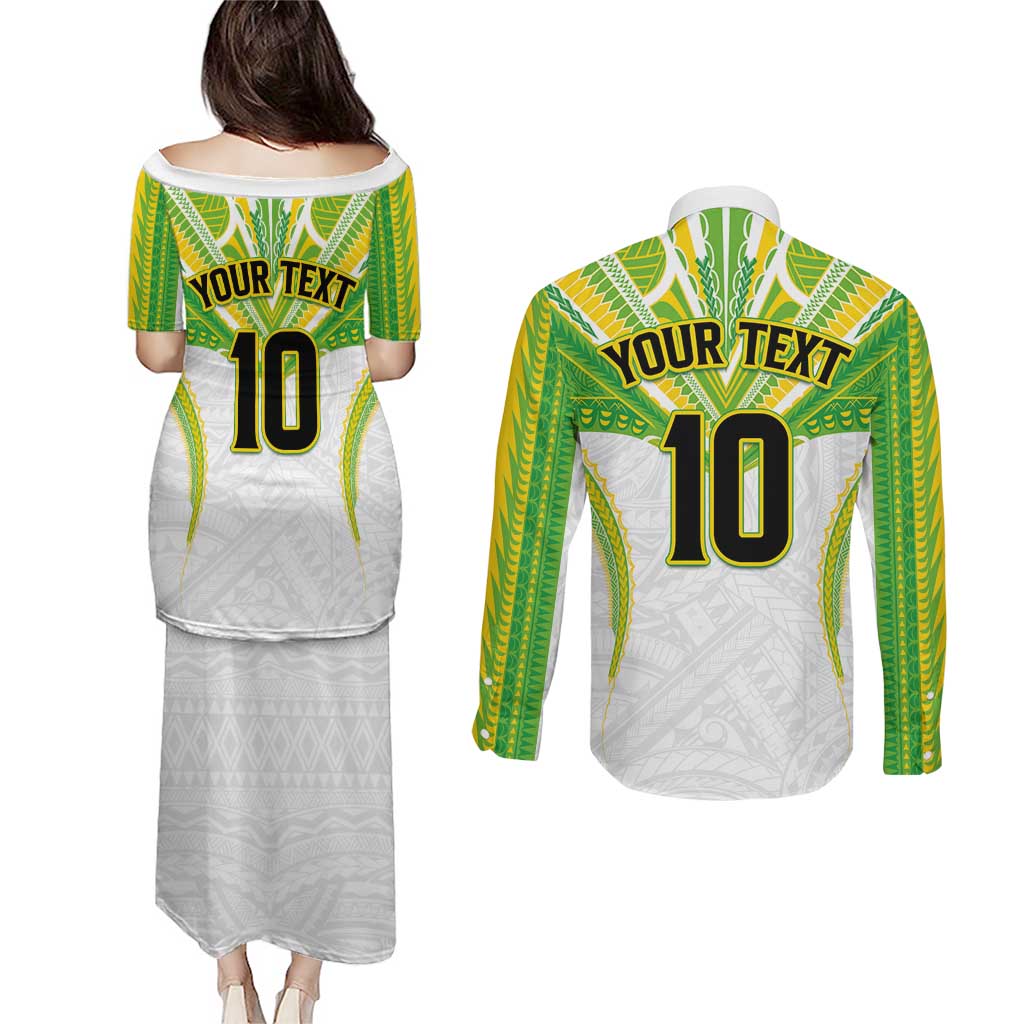 Custom Cook Islands Rugby Couples Matching Puletasi and Long Sleeve Button Shirt Tatau Art Sport Style White Color