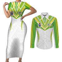 Custom Cook Islands Rugby Couples Matching Short Sleeve Bodycon Dress and Long Sleeve Button Shirt Tatau Art Sport Style White Color
