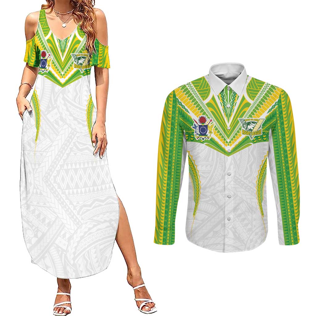 Custom Cook Islands Rugby Couples Matching Summer Maxi Dress and Long Sleeve Button Shirt Tatau Art Sport Style White Color