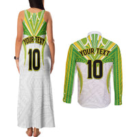 Custom Cook Islands Rugby Couples Matching Tank Maxi Dress and Long Sleeve Button Shirt Tatau Art Sport Style White Color