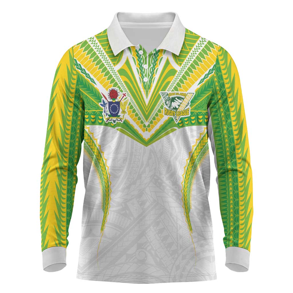 Custom Cook Islands Rugby Long Sleeve Polo Shirt Tatau Art Sport Style White Color