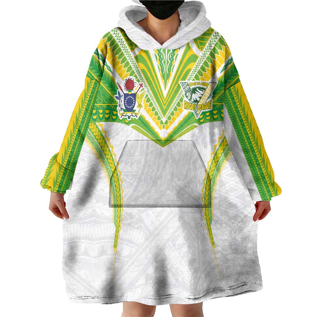 Custom Cook Islands Rugby Wearable Blanket Hoodie Tatau Art Sport Style White Color