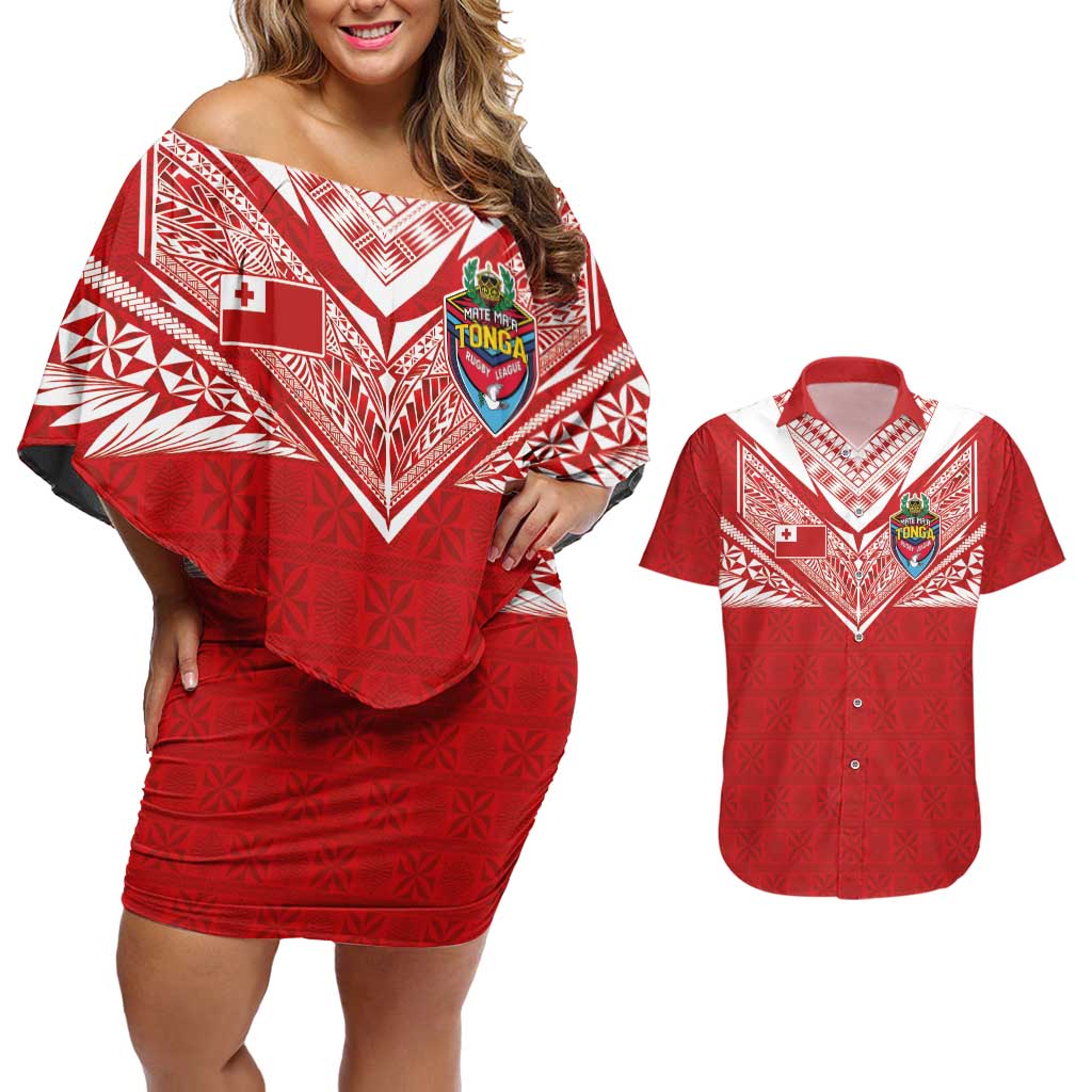 Custom Tonga Rugby Couples Matching Off Shoulder Short Dress and Hawaiian Shirt Ngatu Motifs and Pacific Patterns