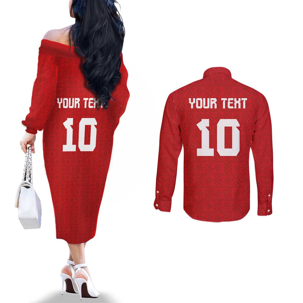 Custom Tonga Rugby Couples Matching Off The Shoulder Long Sleeve Dress and Long Sleeve Button Shirt Ngatu Motifs and Pacific Patterns