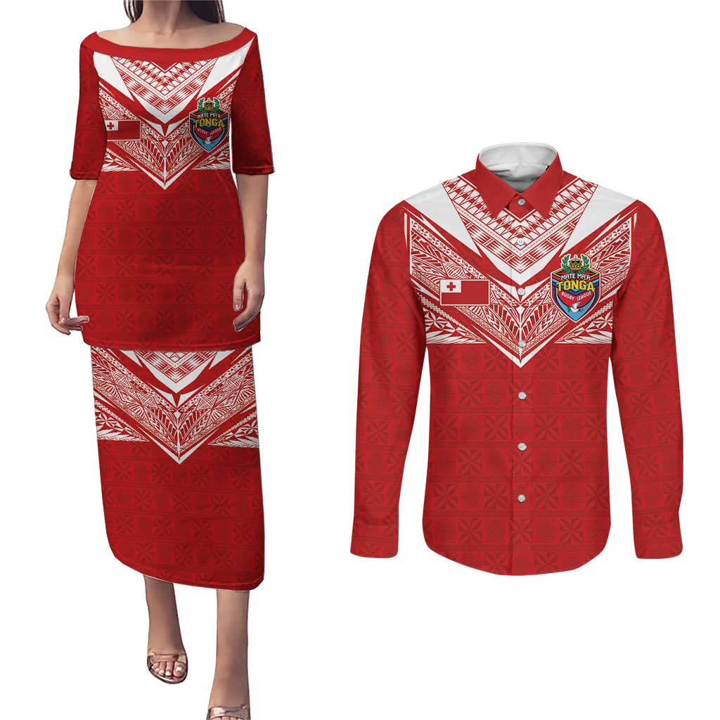 Custom Tonga Rugby Couples Matching Puletasi and Long Sleeve Button Shirt Ngatu Motifs and Pacific Patterns LT03 Red - Polynesian Pride