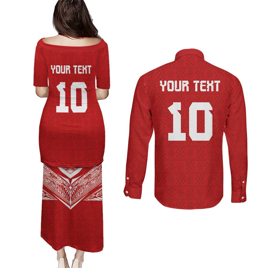 Custom Tonga Rugby Couples Matching Puletasi and Long Sleeve Button Shirt Ngatu Motifs and Pacific Patterns LT03 - Polynesian Pride