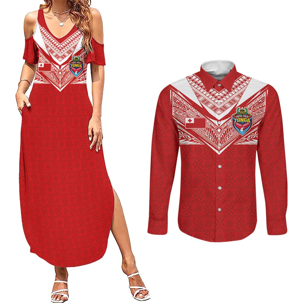 Custom Tonga Rugby Couples Matching Summer Maxi Dress and Long Sleeve Button Shirt Ngatu Motifs and Pacific Patterns