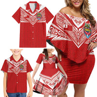 Custom Tonga Rugby Family Matching Off Shoulder Short Dress and Hawaiian Shirt Ngatu Motifs and Pacific Patterns